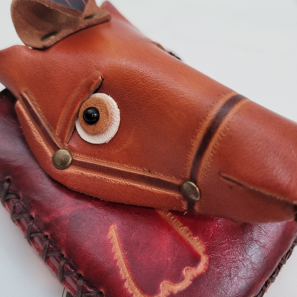 Handmade Genuine Leather Horse Coin Purse 3D Animal Floral Embossed Brown - Picture 6 of 8